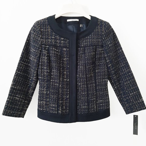 NWT Tahari Tweed Chanel-Style Cropped Blazer, Navy w/Ivory & Gold Specs, 00P, 0P - Picture 1 of 6